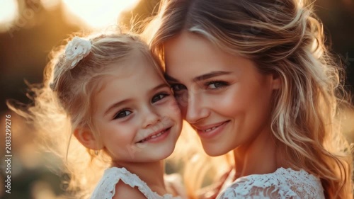 Happy young mother and little daughter hugging and smiling looking at camera close up video