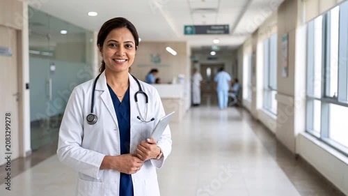 Confident Indian female doctor with stethoscope smiling and looking at camera in modern hospital corridor video