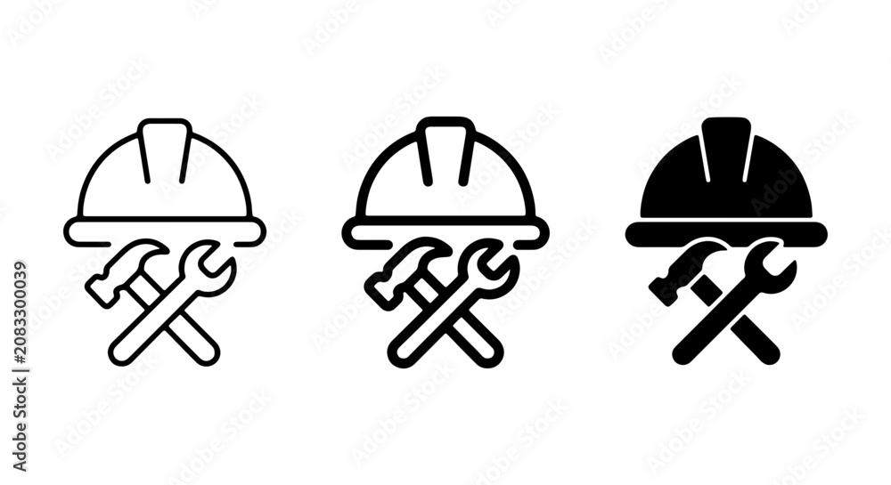 Fototapeta premium Construction Safety Helmets with Crossed Tools, Industrial Icons Set, Hard Hat and Wrench Vector Graphics