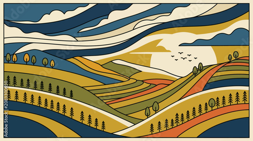 Stylized landscape with rolling hills and sky