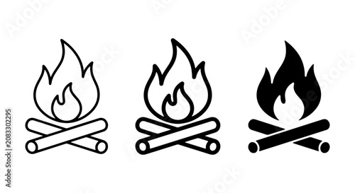 Foto Minimalist campfire icon set, black bonfire line art, outdoor camping fire vecto