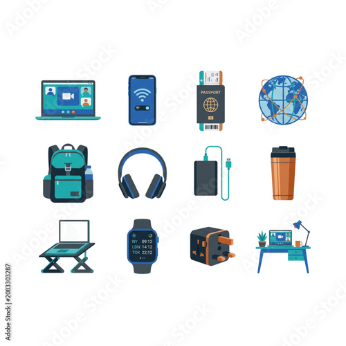 Remote work icons set digital nomad freelance home office computer travel accessories collection bundle for e-learning graphic design, vector illustration