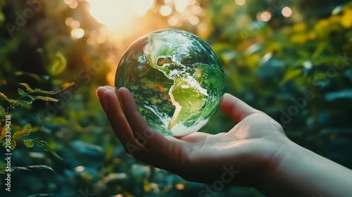 Hand holding Earth in forest