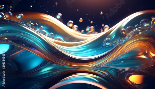 Abstract Flowing Liquid Wave With Water Bubbles And Crystal Reflection