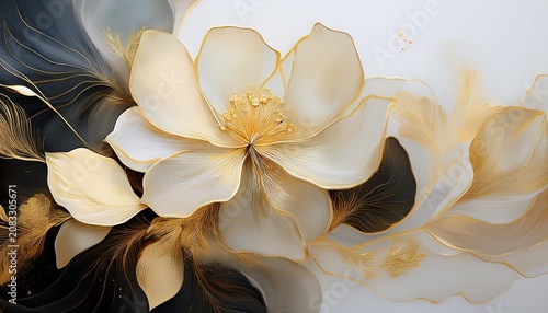 A Wallpaper Botanical Flowers With One Big Flower For Whole Artwork Flowing Alcohol Ink Style Bioluminescence White Background White Gold Generative Ai