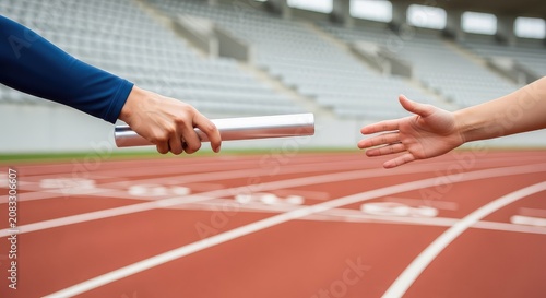 Close-up of a silver baton exchange on a vibrant red track with white lane markings inside a massive stadium during a competitive race, fitness, fast, outdoors