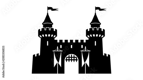 Medieval Castle Silhouette Icon with Towers and Gate Isolated on White Background