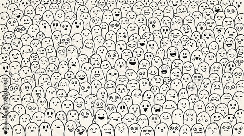 A pattern of many handdrawn doodle ghosts with various funny expressions and emotions on a light background