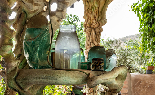 Various molded and glass ornaments in main hall in yard of Ahla Zayit farm in Sde Eliezer in southern Israel