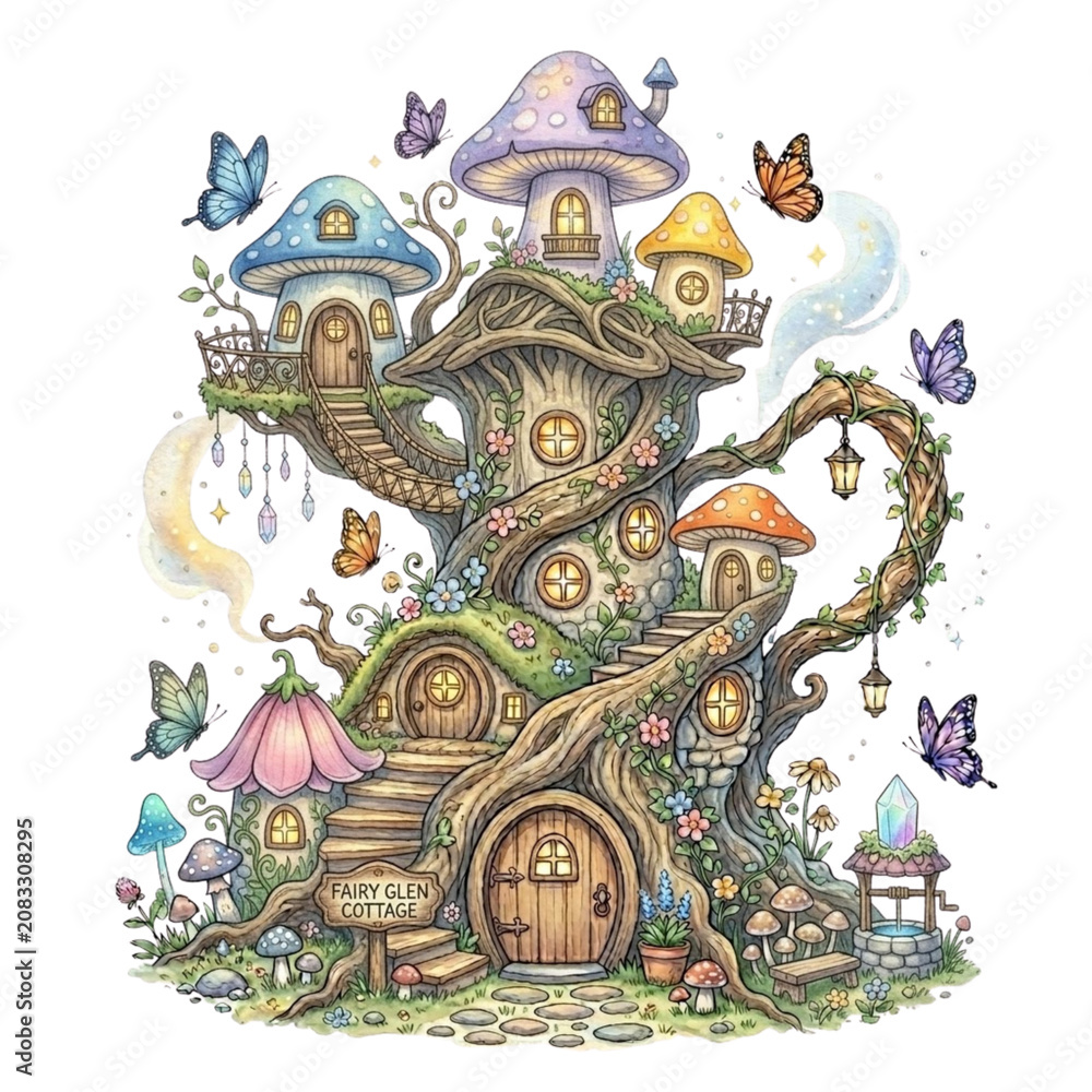 Obraz premium Watercolor Fairy Garden Clipart Whimsical Fairy House Flowers Wings Illustration