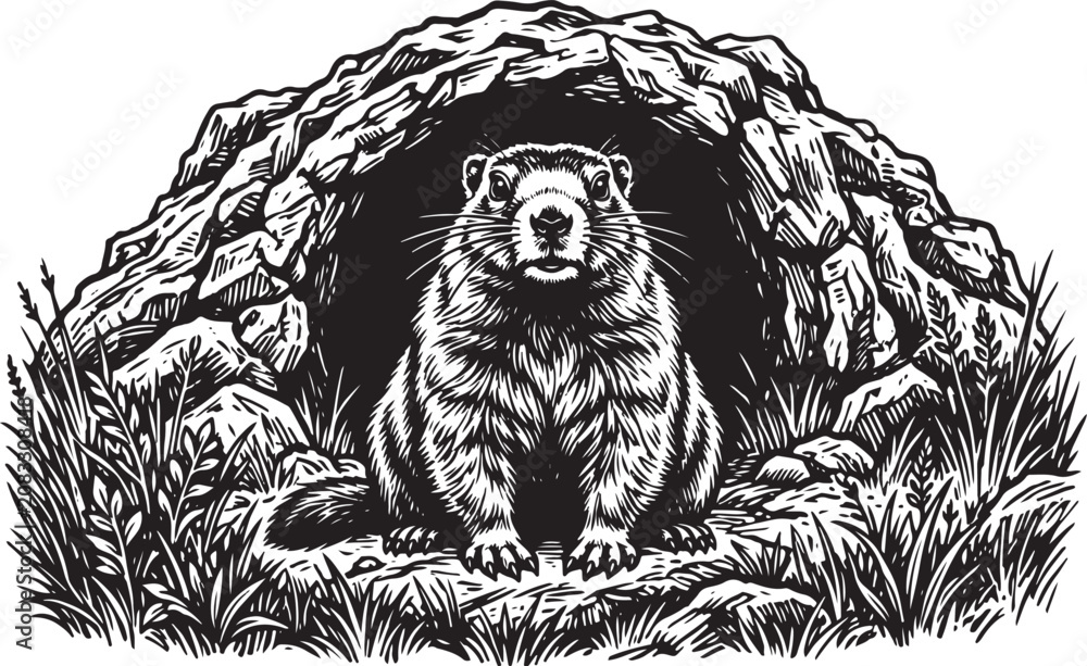 Fototapeta premium Detailed illustration of a marmot standing in front of a rocky burrow