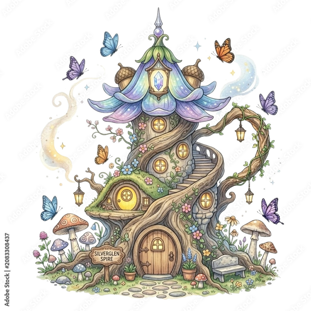Obraz premium Watercolor Fairy Garden Clipart Whimsical Fairy House Flowers Wings Illustration