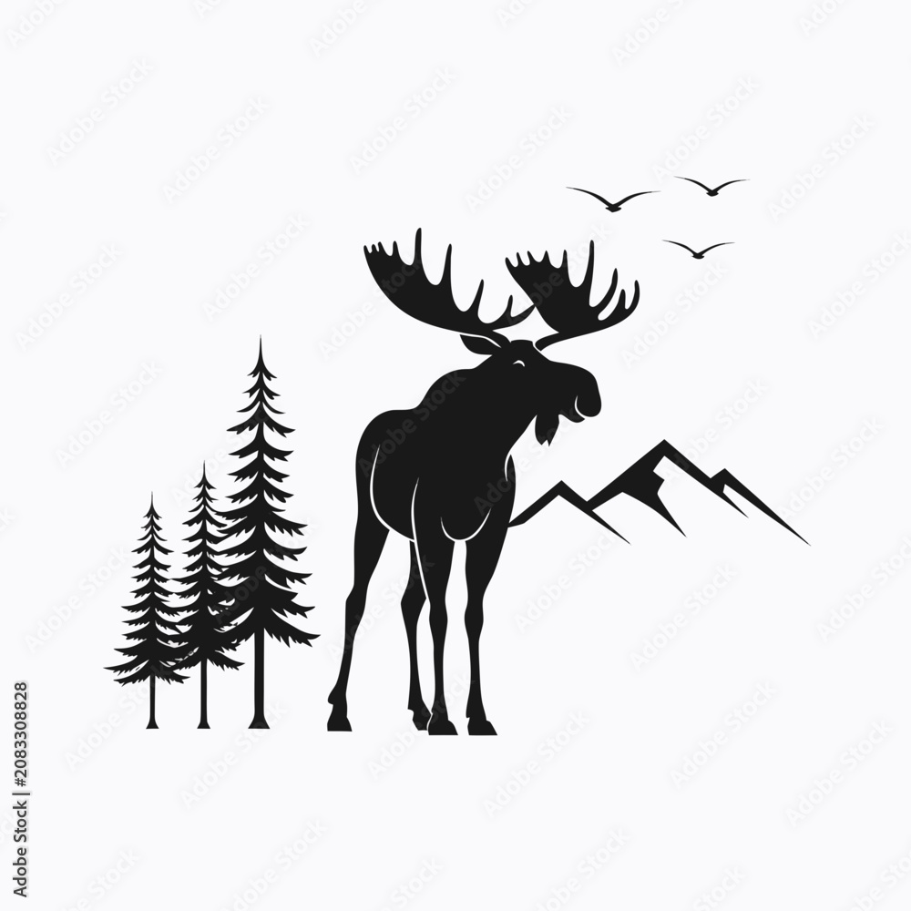 Fototapeta premium Majestic Moose Forest Silhouette Black Vector Illustration