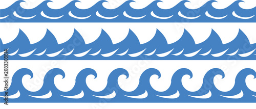Ocean wave border patterns, seamless nautical water decorative vector illustration set for coastal themed design