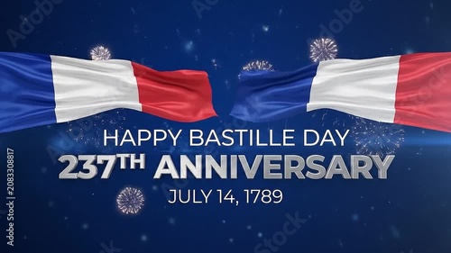 Waving France flags with Bastille Day anniversary celebration text on blue background