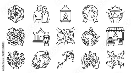 Diverse Culture Icons: People, Symbols, Unity, and Global Connection
