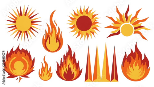 Foto Vibrant illustrations of flames and suns in various styles and shapes
