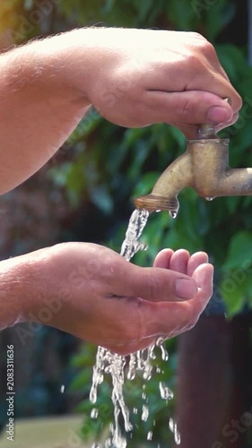 super slow motion shot of exterior tap water dripping and splash on a hot summer day - vertical video