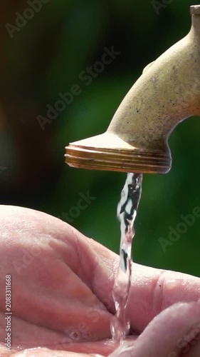 super slow motion shot of exterior tap water dripping and splash on a hot summer day - vertical video