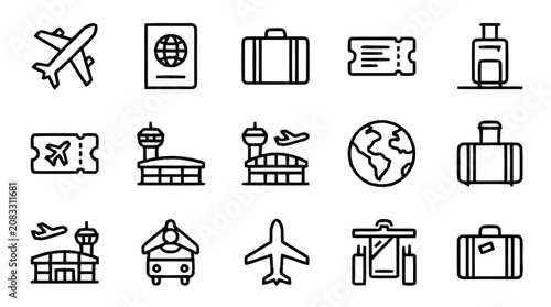 Foto A collection of travel icons depicting various modes of transportation and luggage on a white background, including airplanes, passports, and suitcases
