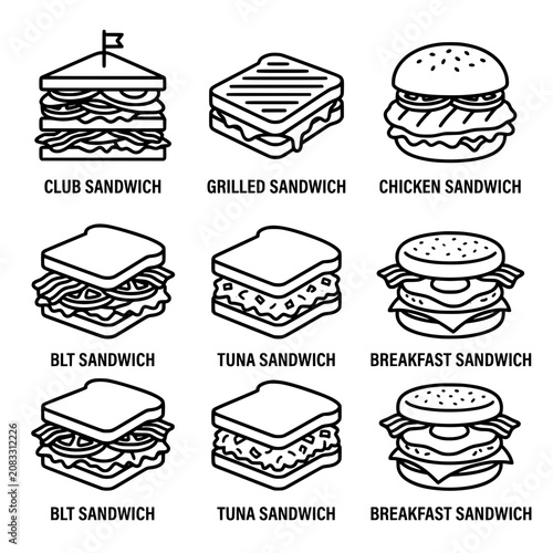Minimalist vector illustration set featuring various delicious sandwich icons including club grilled chicken blt tuna and breakfast varieties presented in a clean black line art style isolated on tran