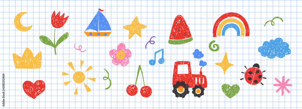 Fototapeta premium Chalk scribble set childlike elements, crayon texture pencil kindergarten doodle icons. Preschool bug, stars, flowers, games in sketch style. Moon, sun, bright rainbow, cherry.