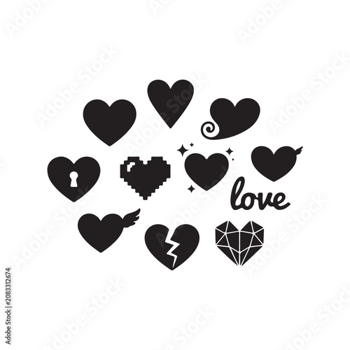 Set of different red hearts icon silhouette vector flat illustration design.Adobe Illustrator Artwork