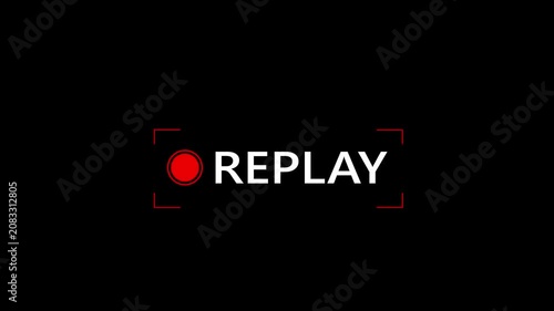 Glowing red record button loop with white replay text on transparent alpha channel background. Ideal for gaming hoed interface, sport broadcast, video editing projects, and stream overlay.