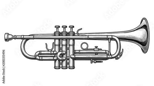 Photography Detailed Hand Drawn Trumpet Vector Illustration in Vintage Black and White Engra