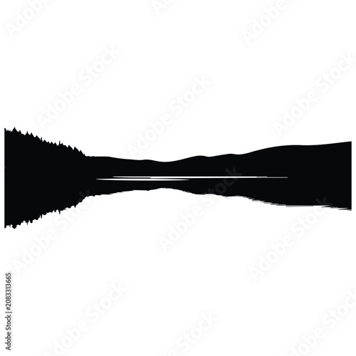 Abstract lake landscape with mountains and trees reflected on water surface, vector silhouette.
