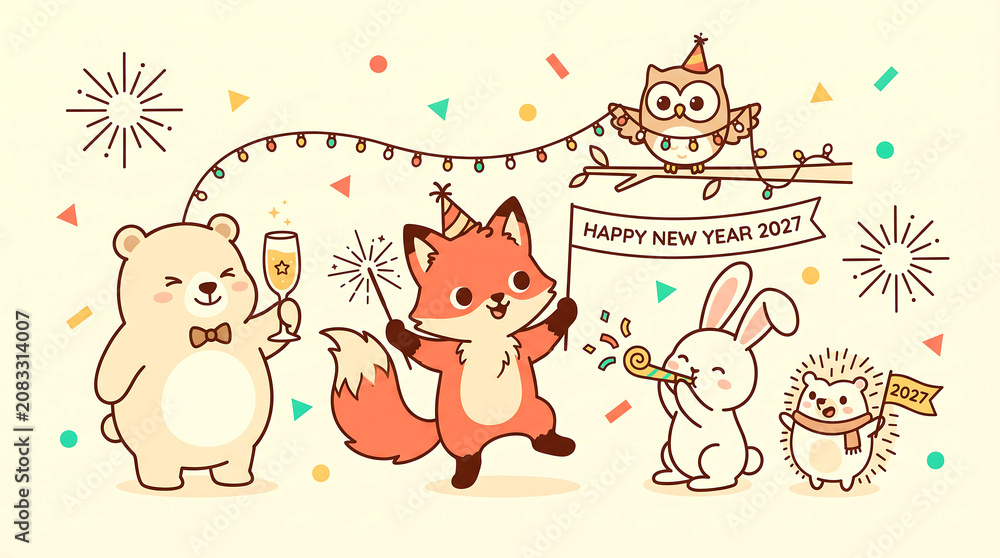 Obraz premium Cute animals celebrating a party with confetti and lights in a whimsical hand drawn style