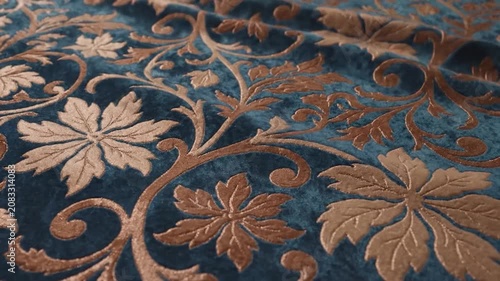 Elegant blue velvet fabric with golden floral damask pattern