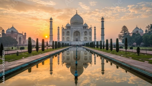 Taj Mahal white marble mausoleum reflecting in water at sunrise.