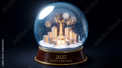 Illuminated Cityscape Inside a Snow Globe Celebrating the Year 2027 Festive Style