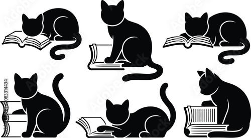 Konstfotografi Black cat silhouettes reading books vector illustration