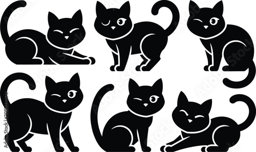 Foto Set of cute winking black cat silhouettes vector illustration