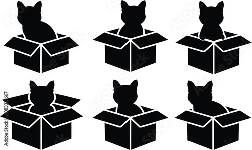 Obraz na plátne Cute black cat silhouettes inside cardboard boxes vector illustration