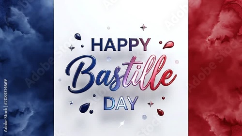 Happy Bastille Day 3D text animation with blue and red smoke flowing on sides
