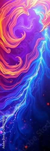 Cosmic swirls of orange and purple hues surround energetic blue streaks, evoking dynamism, swirls, nimbus
