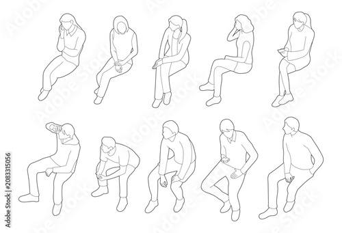 isometric people sitting without chair, minimalist outline drawings for architectural style. black continuous line art  axonometric illustration.