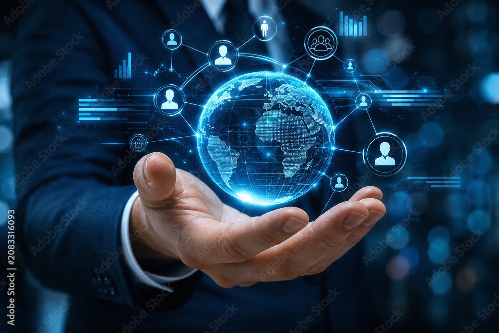 Fototapeta premium Businessman holding virtual digital globe with human resource icons, representing global business networking, recruitment, and digital connection technology on dark blue background. 