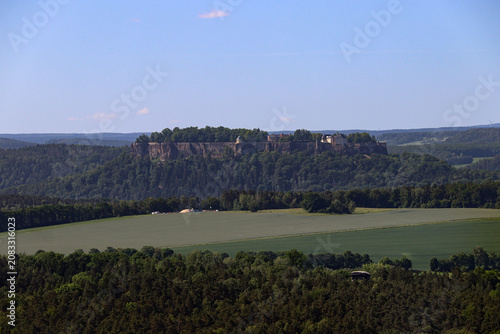 Königstein Fortress a hilltop fortification in the Elbe Sandstone Mountains sits atop the table hill of the same name, Saxon Switzerland, Germany