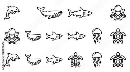 Canvas Print Marine animals illustrations including dolphin, whale, shark, octopus, jellyfish