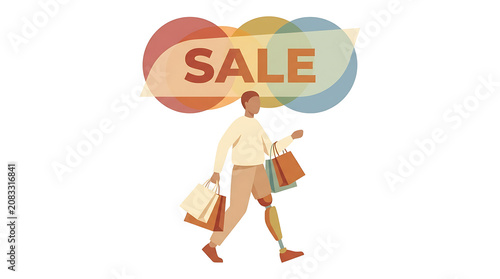 Man with prosthetic leg carrying shopping bags for a sale