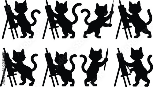 Bild auf Leinwand Set of black cat silhouettes painting on canvas at easels with silhouette