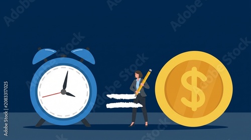 Businesswoman Drawing Equals Sign Between Alarm Clock and Dollar Coin

