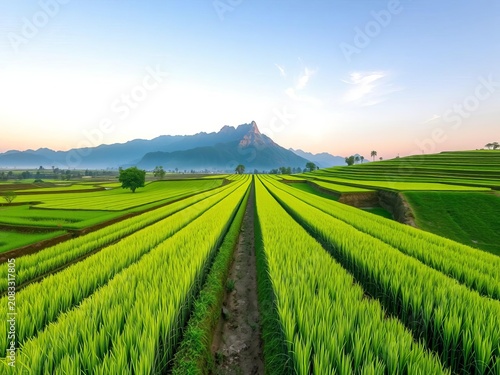 Tidy rows of green paddy fields stretch towards mountain peaks, nature, landscape