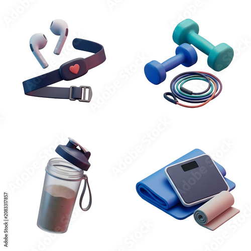 Set of 3D fitness and healthy lifestyle equipment icons isolated on black