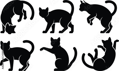 Tableau sur toile Black cat silhouettes in various expressive and dynamic movement poses