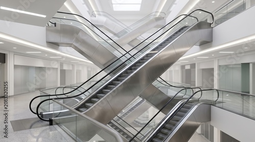 Bright, modern interior with intersecting escalators